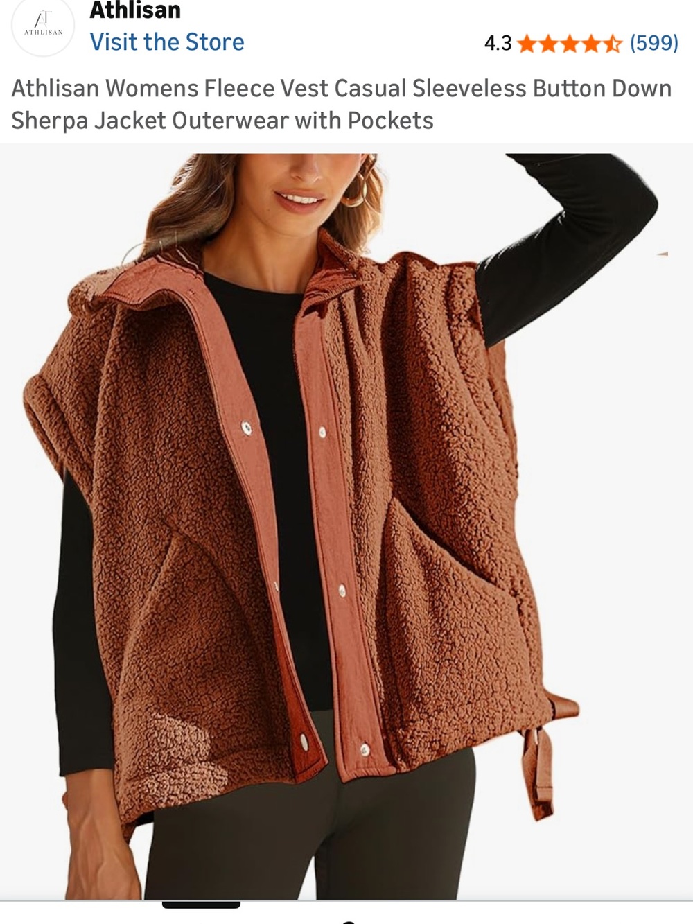 Women’s Sleeveless Sherpa/Fleece Vest in Rust Color with Tie Sides Button Down